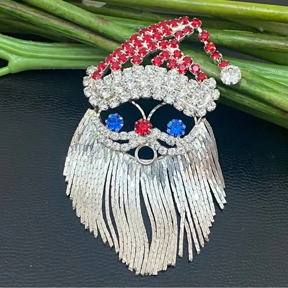 Jewelry Vintage Santa Claus Fringe Beard Rhinestones Hat